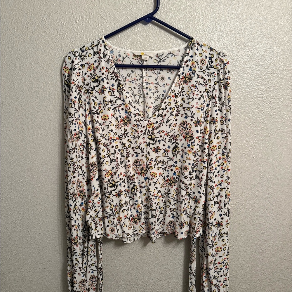 Boden White Floral V-Neck Long Sleeve Blouse